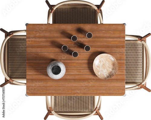 Top view of outdoor wooden dining table with chairs	
