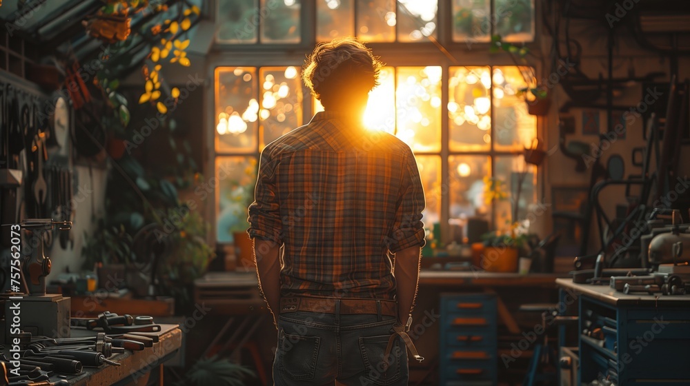 mechanic wears a tool belt loaded with wrenches, sockets, and other automotive tools, light streaming through large windows mechanic wears a tool belt loaded with wrenches, sockets, and other automotive tools, light streaming through large windows
