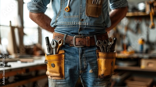 mechanic wears a tool belt loaded with wrenches, sockets, and other automotive tools, light streaming through large windows 