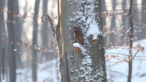 an owl sitting on the side of a tree trunk in a snowy forest with snow on the ground and trees in the background.