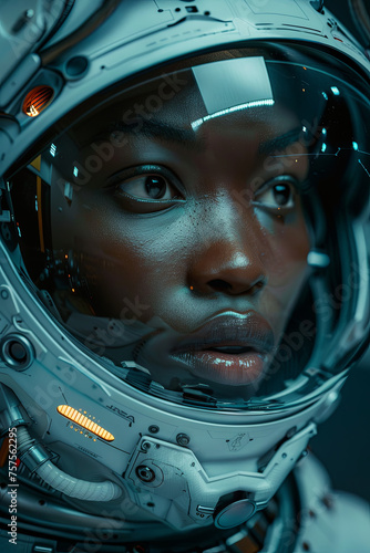 A beautiful woman wearing a futuristic spacesuit