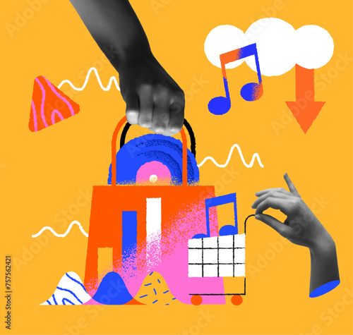 Music store business concept and human hand retro collage vector illustration