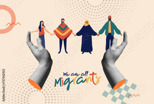 Diverse migrants people and hands that protect collage vector card