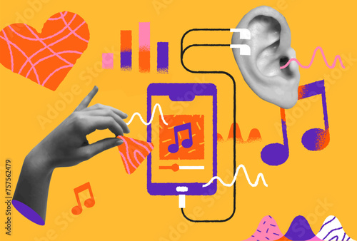 Music phone app cartoon, human hand and ear in retro collage vector