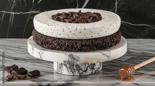 a three layer cake sitting on top of a marble cake stand with a honey comb on the side of the cake. photo