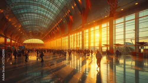 Inside a bustling airport terminal, the businesswoman and businessman or worker is photographed amidst the morning rush, light streaming through large windows photo