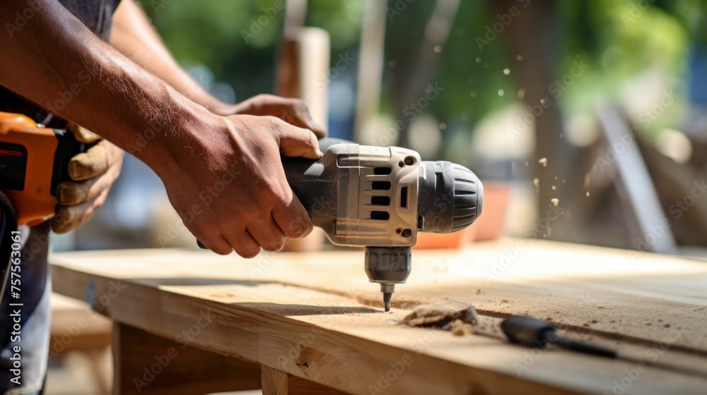 Carpenter Hand Sanding a Wooden Plank in a Workshop. Generative ai Carpenter Hand Sanding a Wooden Plank in a Workshop. Generative ai