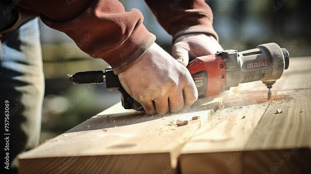 Carpenter Hand Sanding a Wooden Plank in a Workshop. Generative ai