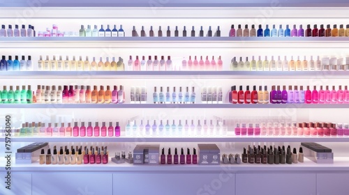 nail polishes adorning shelves in a bustling cosmetic store, offering a kaleidoscope of colors and options for beauty enthusiasts.