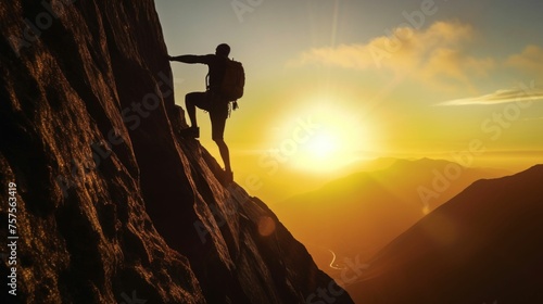 Climber Ascending Mountain Cliff at Sunset. Generative ai
