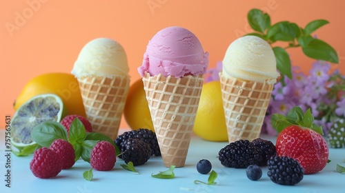 a group of ice cream cones with berries, lemons, raspberries, and limes on a table. photo