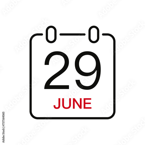 June 29 date on the calendar, vector line stroke icon for user interface. Calendar with date, vector illustration.