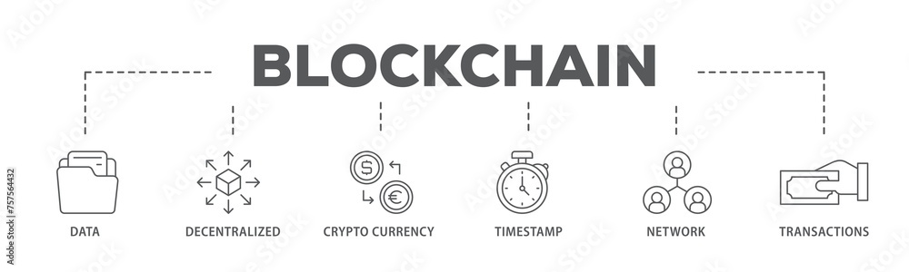 Blockchain banner web icon illustration concept with icon of data, decentralized, crypto currency, timestamp, network and transactions icon live stroke and easy to edit Blockchain banner web icon illustration concept with icon of data, decentralized, crypto currency, timestamp, network and transactions icon live stroke and easy to edit