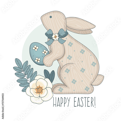 A wooden bunny figurine holds an Easter egg. Easter vector illustration.