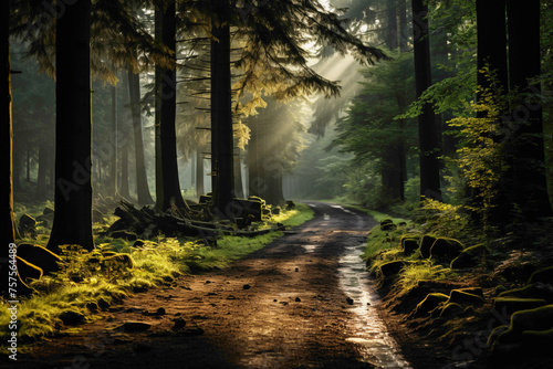A road winding through a dense pine forest, with sunlight filtering through the branches, creating a captivating play of light and shadows. © Shanii