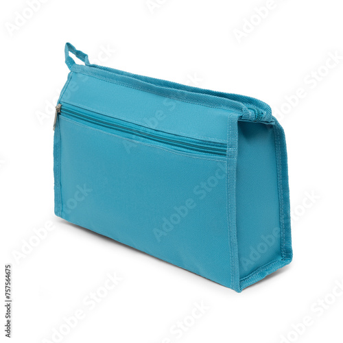 travel accessory toilet bag with zipper, blank hand tool bag, clipping path isolated on white background. money belt mock-up, blue color. angle view.