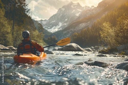 A man is kayaking down a mountain river. A man in a kayak, side view. A man on a mountain river is engaged in rafting