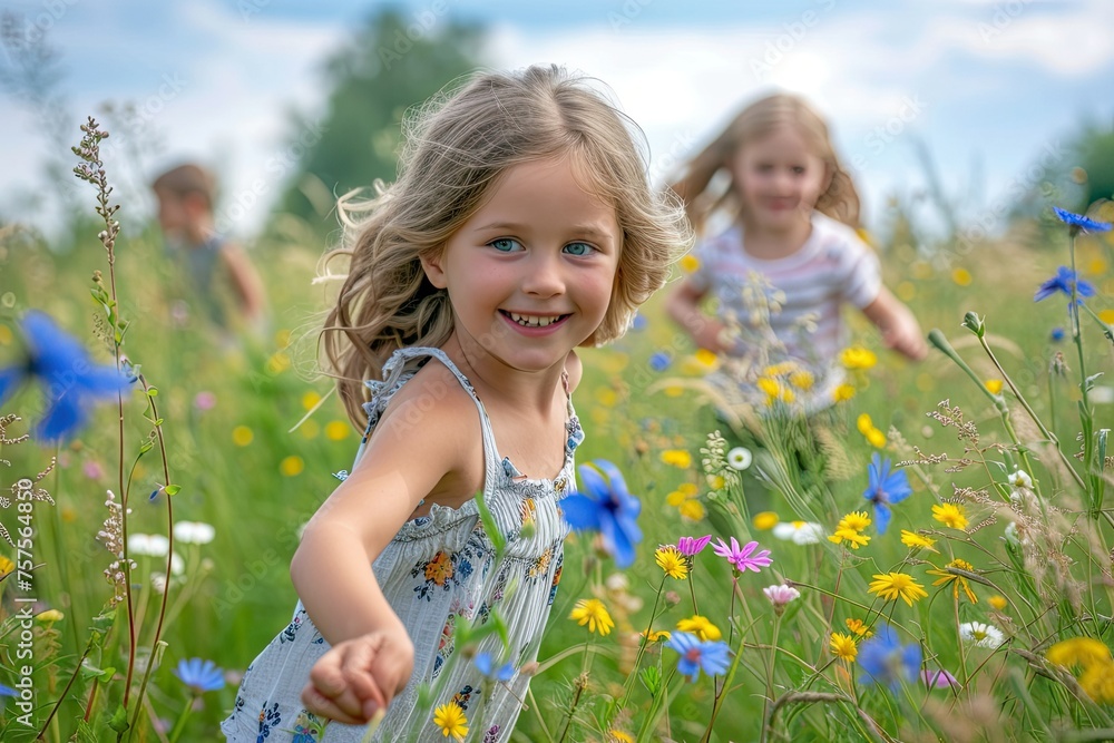 A young girl is running through a field of flowers with her arms outstretched. She is smiling and she is enjoying herself. The scene is bright and cheerful, with the sun shining down on the flowers A young girl is running through a field of flowers with her arms outstretched. She is smiling and she is enjoying herself. The scene is bright and cheerful, with the sun shining down on the flowers