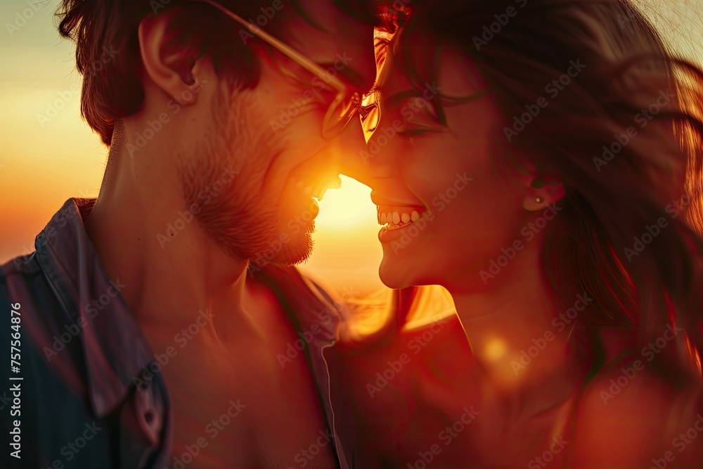 Fototapeta premium A couple is kissing in front of a sunset. The man is wearing a blue shirt and the woman is wearing a red dress. They are both smiling and enjoying the moment