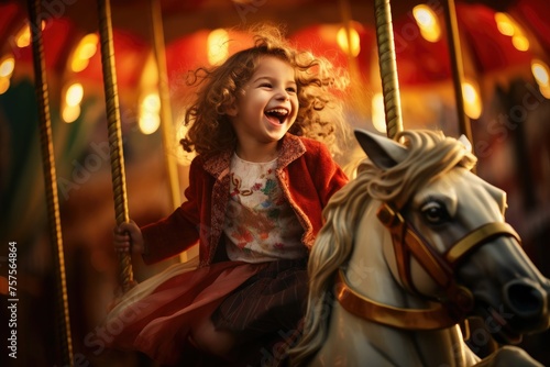 A young girl is riding a carousel horse with a big smile on her face © BetterPhoto