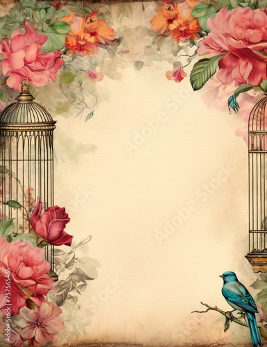Elegant floral Vintage Scrapbook Paper, Old Vintage Texture, Junk Journal, Scrapbooking, Digital Paper, Flowers, Teal and Pink Florals, Bird Cage
