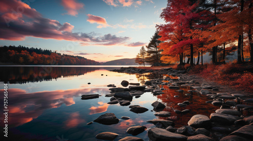 A serene lake surrounded by vibrant autumn foliage, with the reflection of the colorful trees shimmering on the water's surface.