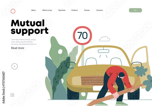 Mutual Support: Clearing an obstacle from the way -modern flat vector concept illustration of a man removing a fallen branch from the road A metaphor of voluntary, collaborative exchanges of services