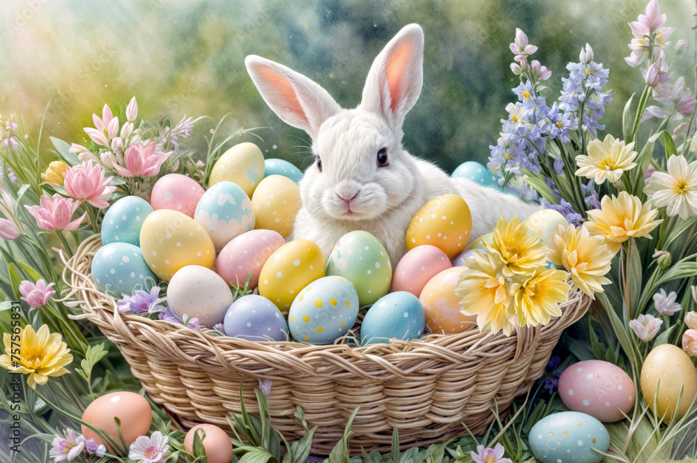 A rabbit is laying in a basket full of Easter eggs, Watercolor style