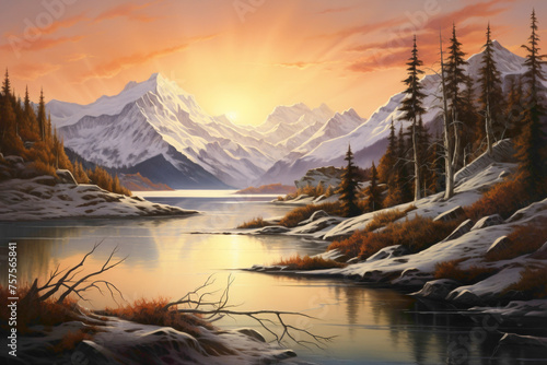 A serene mountain lake reflecting a panorama of snow-capped peaks, with the soft glow of the rising sun painting the scene in warm pastel colors.