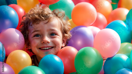 Portrait of a smiling boy, poking his face into a pile of colorful balloons, looking at camera. AI Generated 