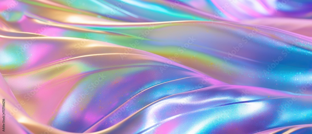 Abstract trendy holographic background. Iridescent abstract material close-up. Macro shot with vibrant colorful metallic spectrum background texture with soft wave