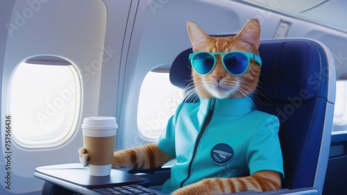 cat steward in a blue suit and hat on the plane drinks coffee against the backdrop of the porthole at the table. free time. vacation concept, trips to a warm country, traveling by plane