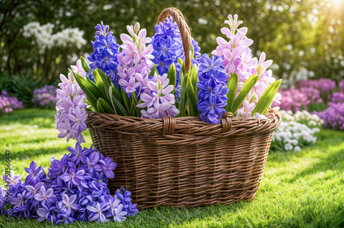 Wicker basket sits on the grass, overflowing with purple and blue hyacinths.