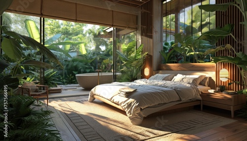 Modern eco-friendly bedroom interior with full-length windows and tropical plants. Contemporary design for sustainable living and biophilic design concept