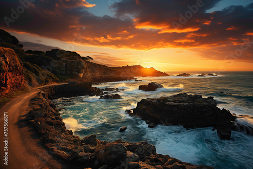 A stunning coastal road hugging the cliffs, with waves crashing against the rocks below, under a vibrant sunset sky.