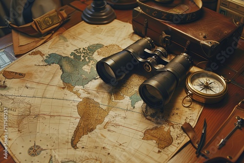 Old vintage retro compass and binoculars on ancient world map. Travel geography navigation concept background.