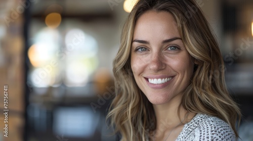 Close up portrait of smiling beautiful millennial businesswoman or CEO looking at camera, happy female boss posing making headshot picture for company photoshoot, photo