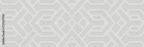 Banner. Relief geometric ethnic decorative 3D pattern on a white background. Tribal ornamental linear cover design in the best traditions of the peoples of the East, Asia, India, Mexico, Aztec, Peru.