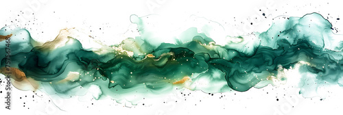 Green watercolor splotch with gold shimmer on white background.