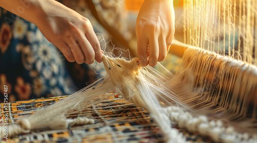 A person weaving a fabric, representing interconnectedness and interdependence in business operations photo
