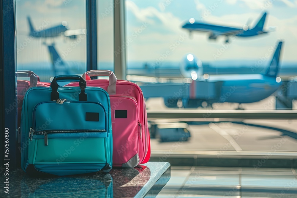 traveling luggage in airport terminal and passenger plane flying over sky, concept of travel by air plane - obrazy, fototapety, plakaty 