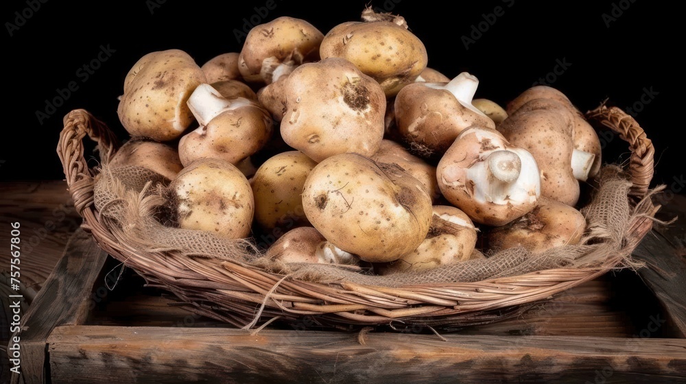 a basket full of mushrooms sitting on top of a wooden table in front of a black background with a wooden frame. a basket full of mushrooms sitting on top of a wooden table in front of a black background with a wooden frame.