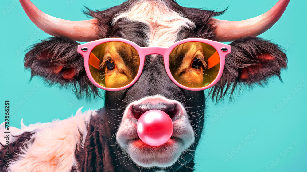 Fashionable Cow with Sunglasses Blowing Bubble Gum