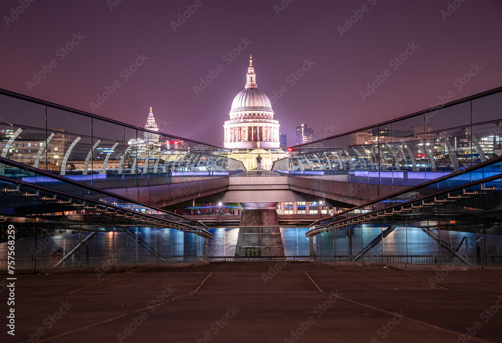 st paul cathedral and millennium bridge in the night in London
