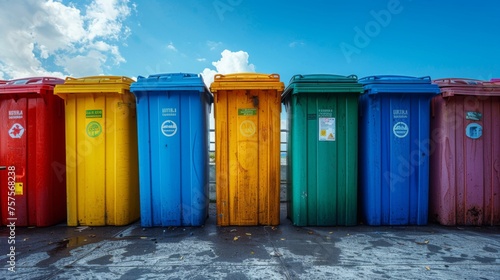 The sharp contrast of colorful recycling bins against a serene blue sky in a residential area, where each bin is designated for a specific type of recyclable material, showcasing the simple yet