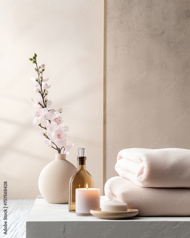Spa background with towels, candles and copy space