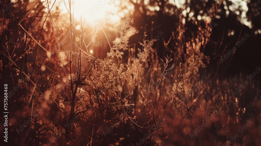 a field of tall grass with the sun shining through the trees on the other side of the field in the background. - obrazy, fototapety, plakaty 