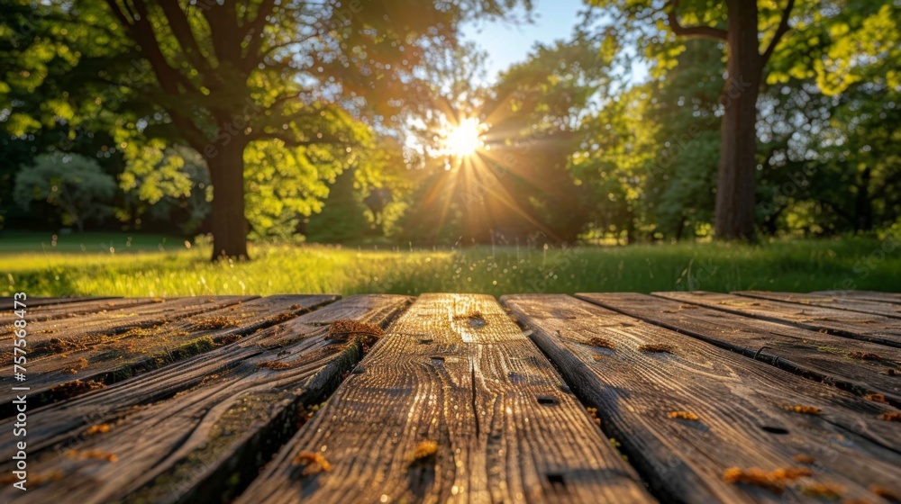 The warm glow of a sunny afternoon illuminates an empty wooden table, with a backdrop of a peaceful park scene, the distant trees and clear blue sky providing - obrazy, fototapety, plakaty 