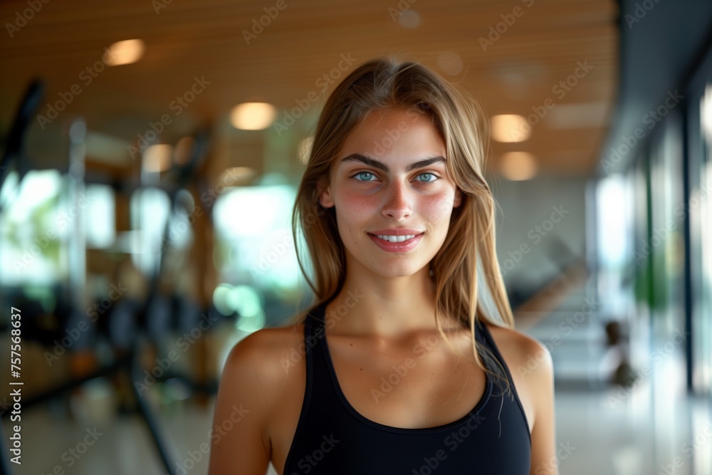 Smiling young attractive woman posing looking at the camera at the gym wearing a sports outfit