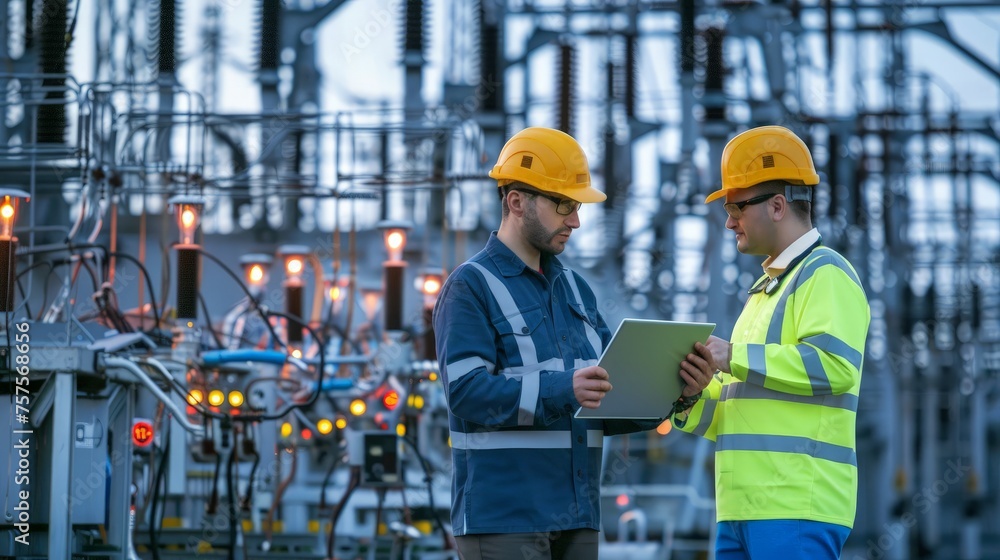 Picture of two electrical engineers using a notebook computer standing at a power station to view the planning work by producing electrical energy at high voltage electrodes. Picture of two electrical engineers using a notebook computer standing at a power station to view the planning work by producing electrical energy at high voltage electrodes.